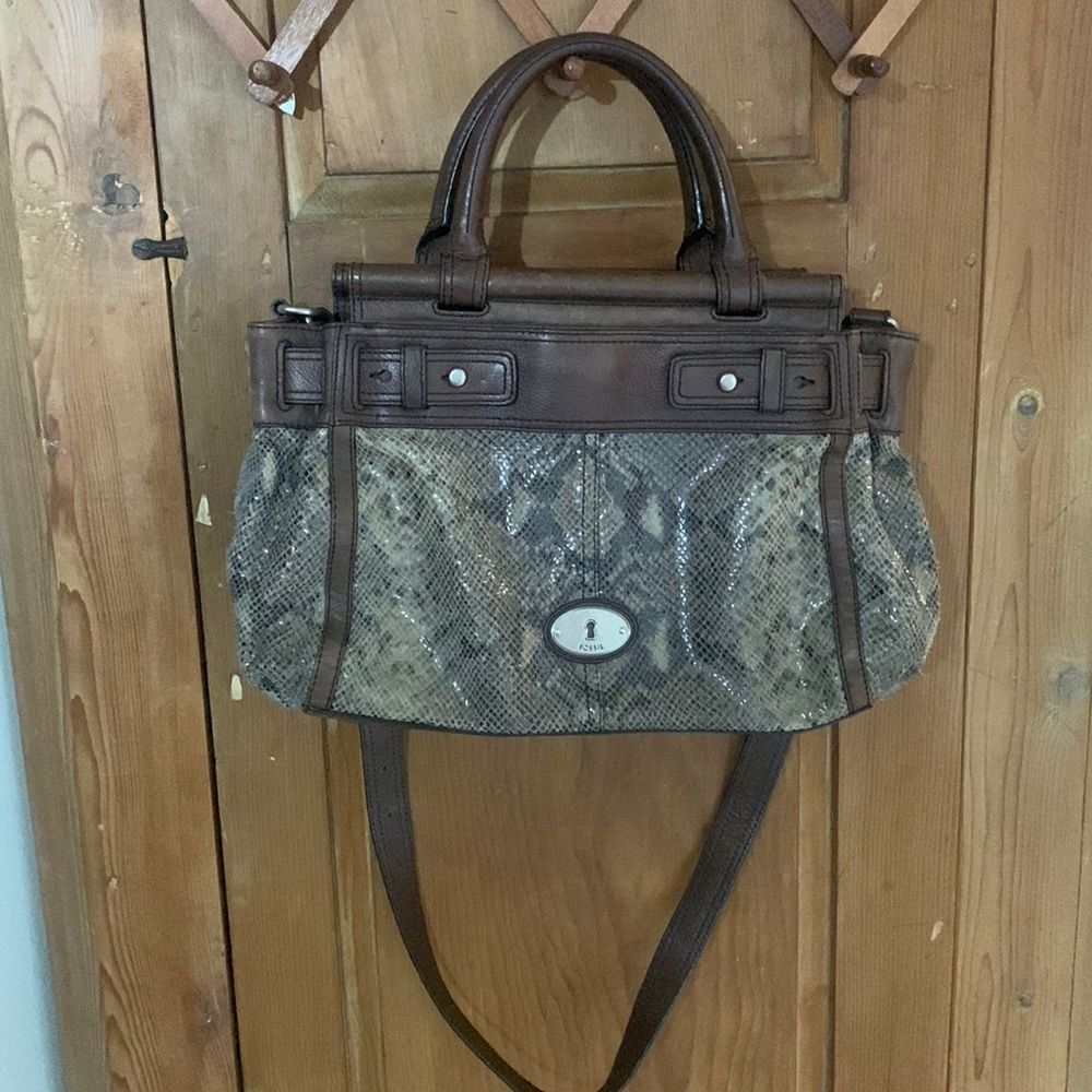 Fossil brown snakeskin leather satchel shoulder bag
